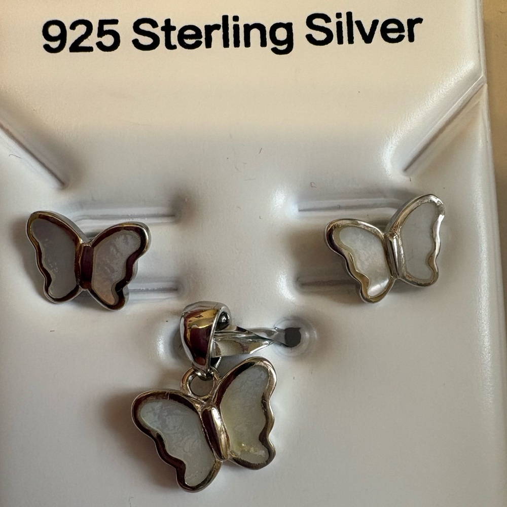 Sterling Silver Butterfly & Mother of Pearl Earrings and Pendant Set